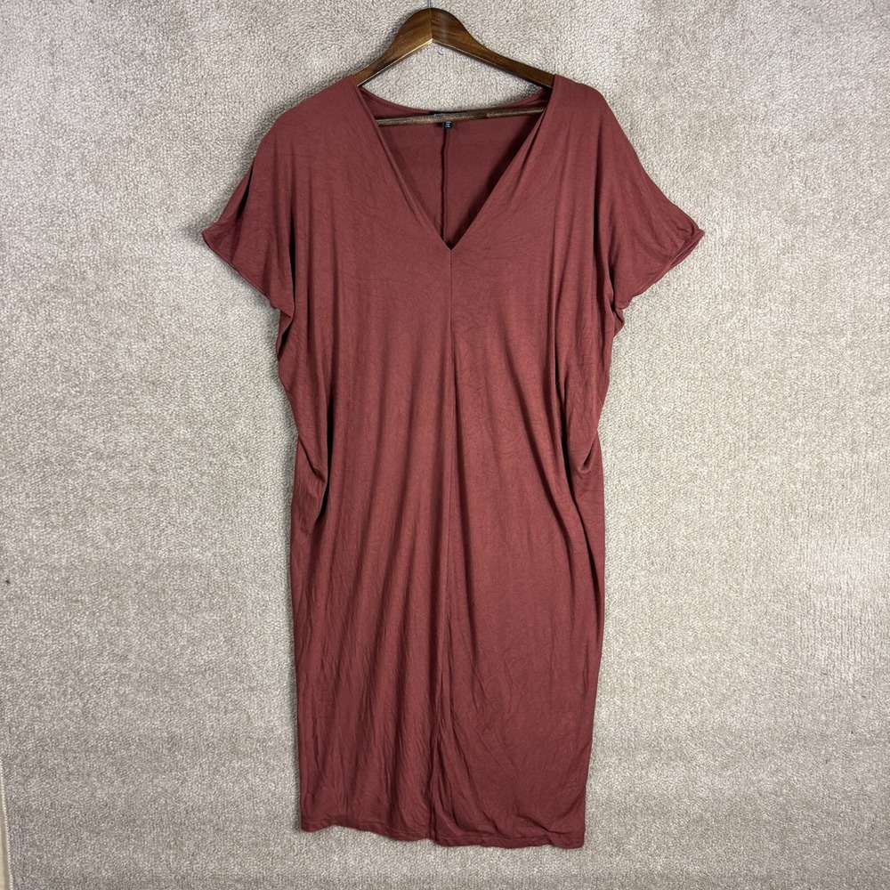 Universal Standard Teresa Shift Dress Petite XSP Brown V Neck Midi Liquid Jersey